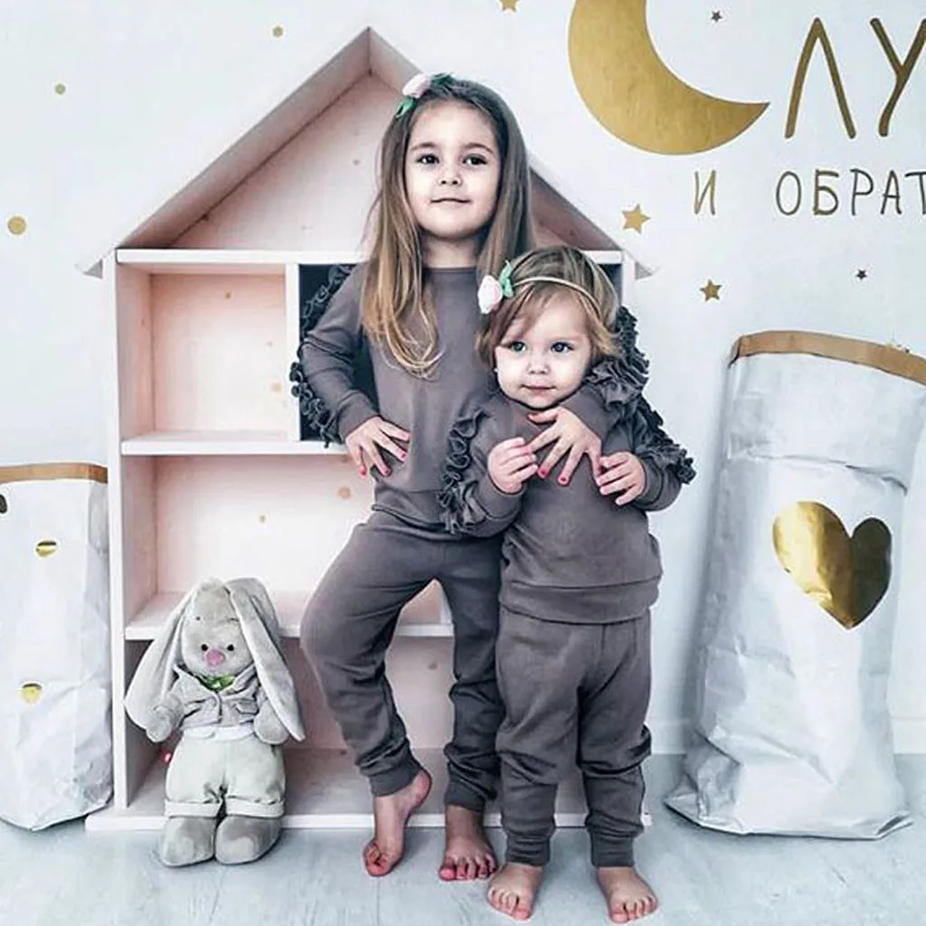 Коллекция года, осенняя модная одежда для маленьких девочек хлопковый однотонный топ с оборками и длинными рукавами+ штаны, 2 предмета, Bebes, пижамы, комплекты одежды для маленьких мальчиков