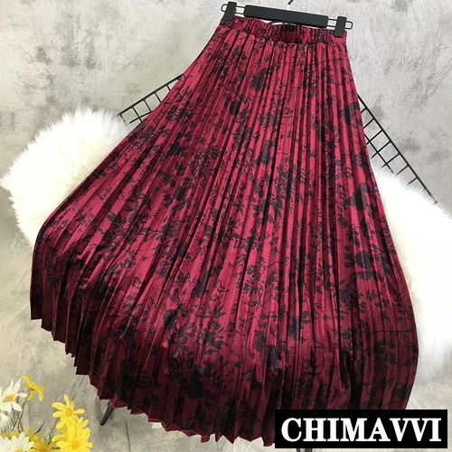 

Retro Abstract Flower Print Velvet Pleated Skirt with Elastic Waist Women Spring and Autumn Long Skirt New Ladies Maxi Skirt