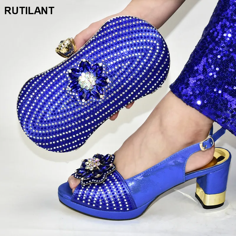 

Latest Blue Color Italian Shoes with Matching Bags Set Decorated with Rhinestone Matching Bag Set African Luxury Women Shoes