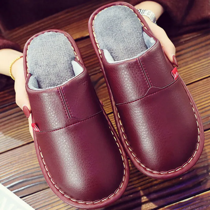 Plus size 45/46 Unisex home slippers women winter leather shoes microfiber high quelity female house slippers short plush shoes - Цвет: Wine red