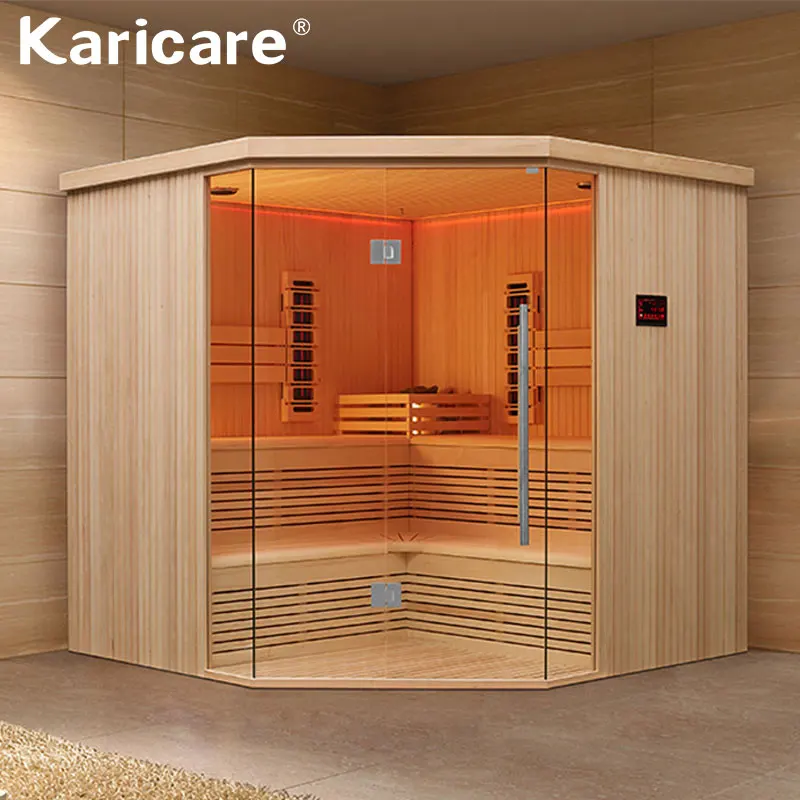 

Factory direct sales of luxury dry-steamed logs glass sauna room with sauna stove and far infrared