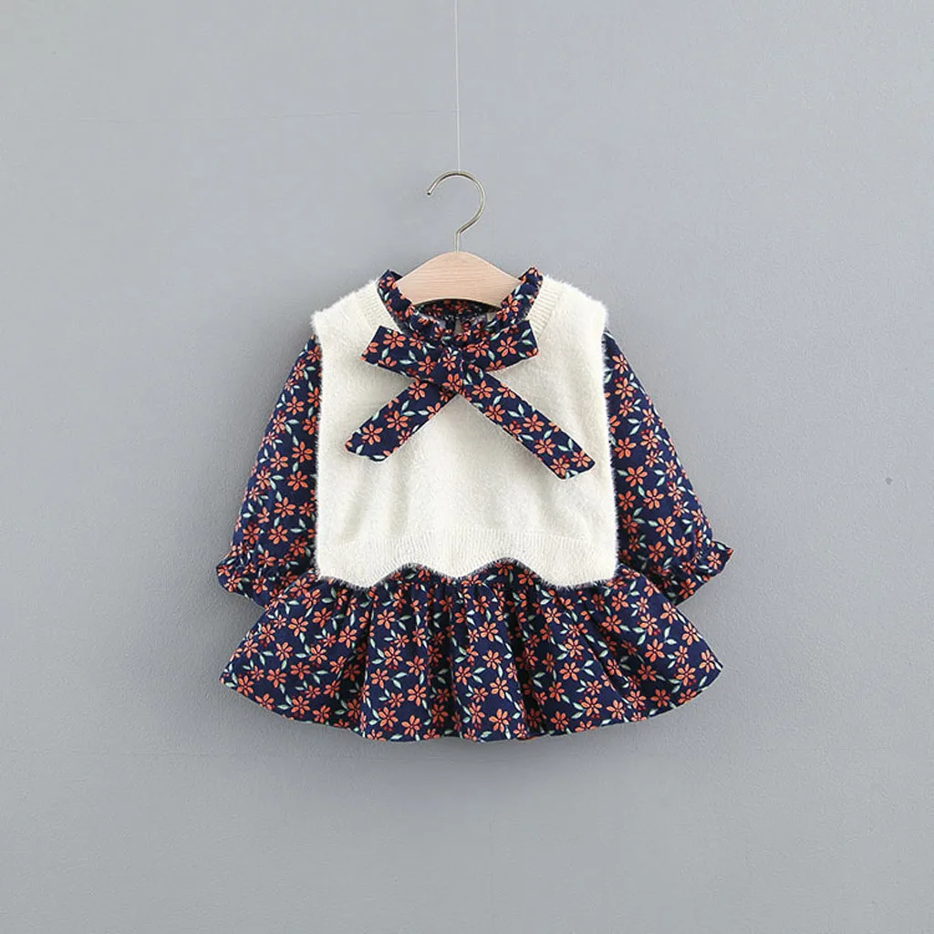 Winter Fashion Baby Girl Dress Long Sleeve Plaid Dot Print Splice Bow Princess Dress Clothes vestido bebe فساتين اطفال Z4 - Цвет: F