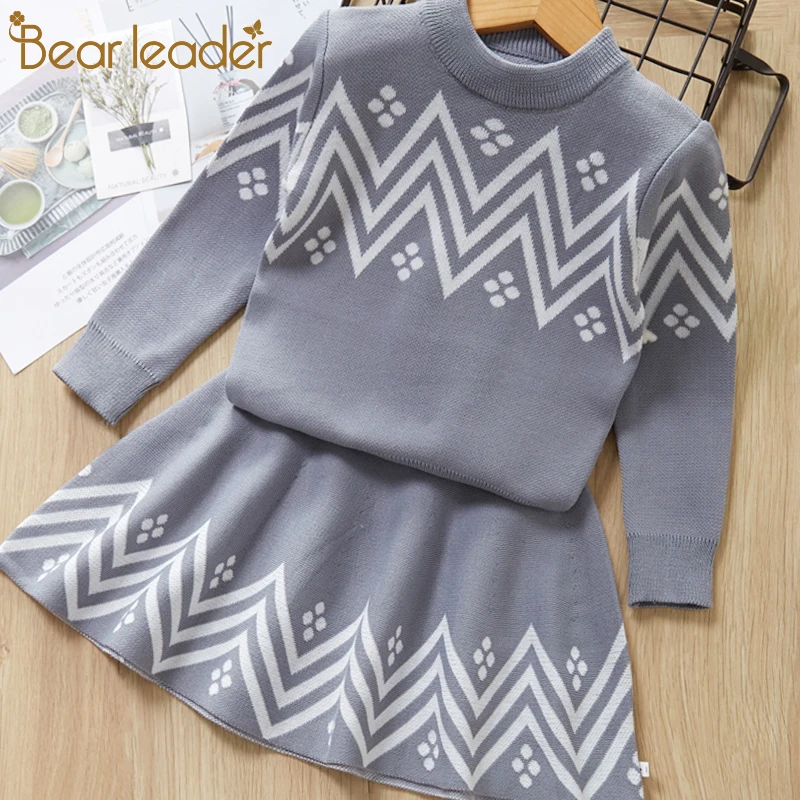 Bear Leader Girls Dress New Winter Party Dress Long Sleeve Girls Dresses Kids Knitted Top Coat+ Dress Children Knitwear 2pcs