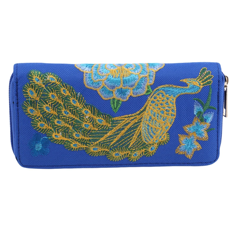 blue New Women's Double-sided Embroidery Coin Purse Ethnic Style Peacock Wallet Zipper Clutch - Цвет: blue