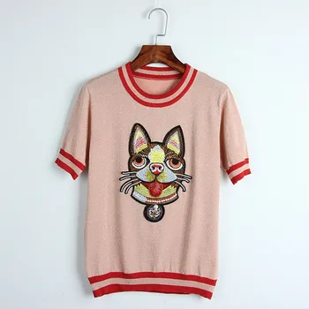 

Short spring and summer new Korean round neck Pullover dog head embroidery patch short sleeve color blocking T-shirt for women
