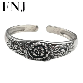 

FNJ 925 Silver Flower Bangle Width 15mm Vintage Open Size Diameter 56mm Original S990 Sterling Silver Bangles for Women Jewelry