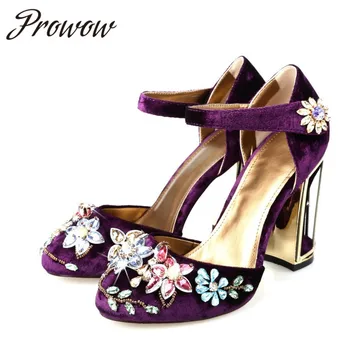 

Prowow New Velvet Purple Burgundy Crystal Floral Emblishment Mary Jane Pumps Round Toe Buckle Strap Caged Heel Pumps Shoes Women