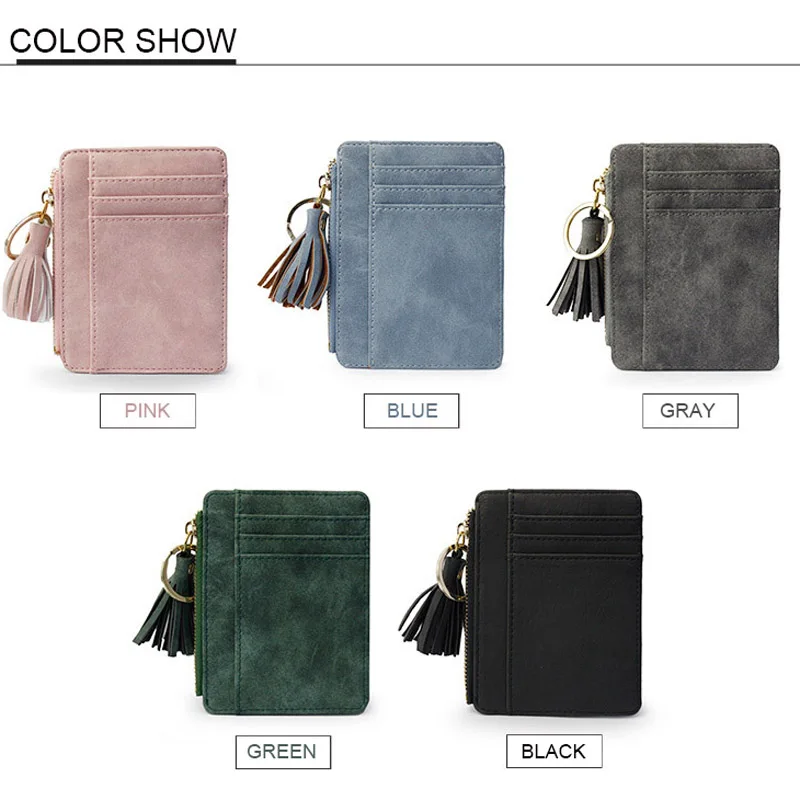 Matt Leather Mini Tassel Women Card Holder Cute Credit ID Card Holders Zipper Wallet Case Change Coin Purse Keychain Nubuck New