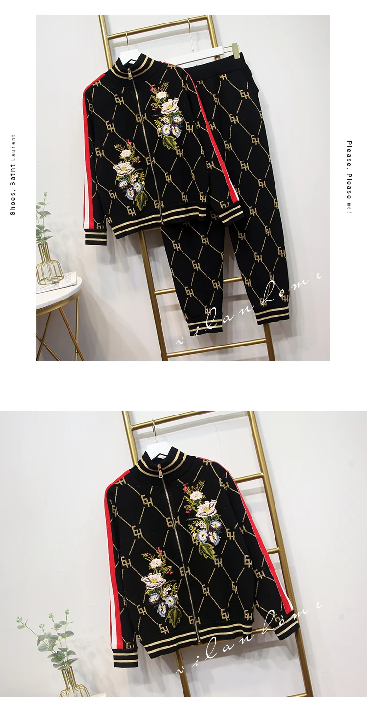 10.10  High quality Autumn Women embroidery flower contrast color knitted cardigan sweaters coat casual pants Two piece set