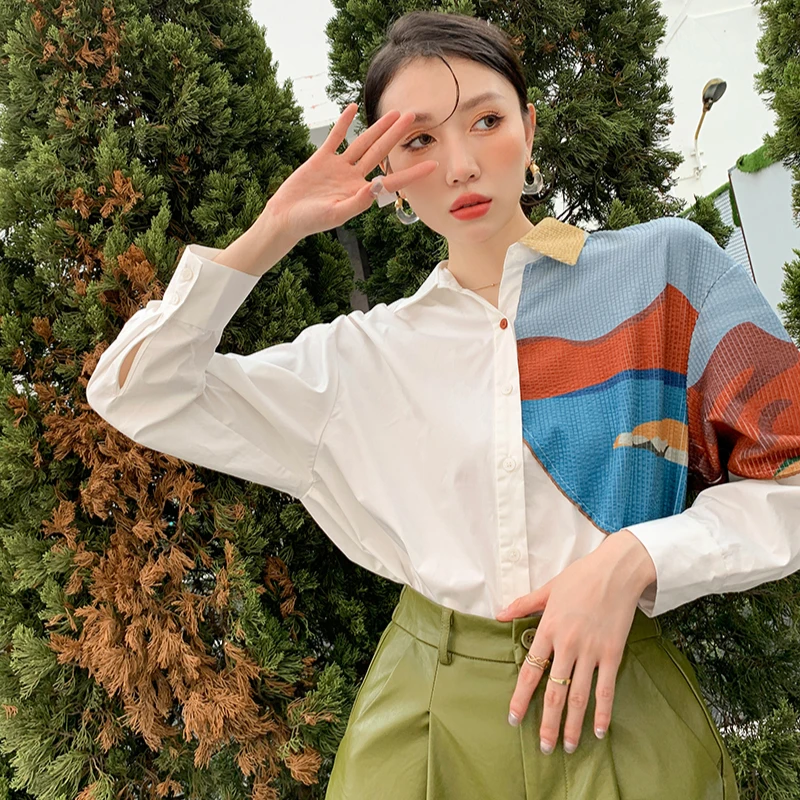 

CHEERART High Fashion White Patchwork Corduroy Aesthetic Shirt For Women Long Sleeve Button Up Designer Shirt Autumn 2021
