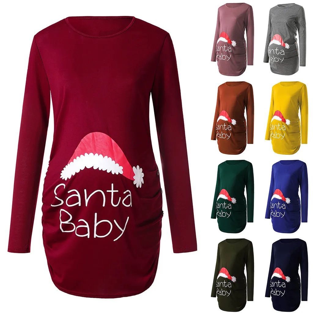 maternity clothes womens clothing Women's Print Christmas Side Ruched Long Sleeve Maternity Top Pregnancy Clothes ropa de mujer