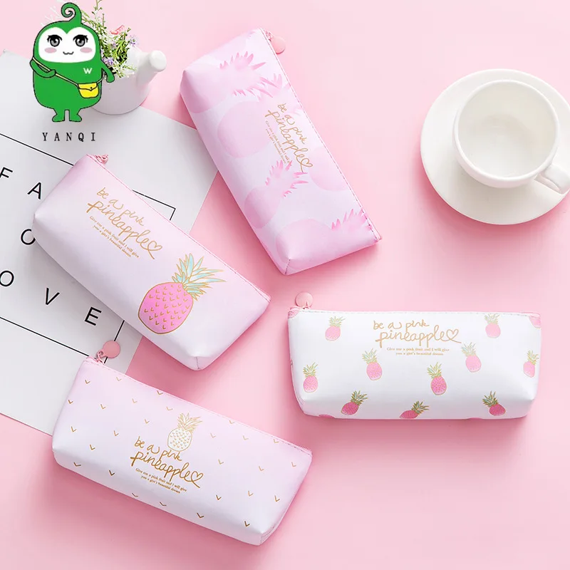 

Pink Pineapple Cartoon Pattern Pencil Case Japanese Korean Stationery Creative Large-Volume Pencil Case Triangular-PU Pen Gag
