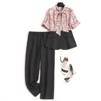 

Women two piece pants set summer 2020 floral print bow collar patchwork chiffon shirts black cargo pants female clothing
