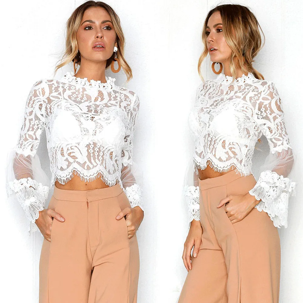 

Fashion blusas mujer de moda 2020 Women Lace Casual Tops Hollow Out Long Sleeve Blouse Tee
