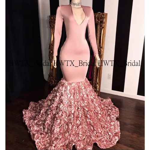 picture color Новое длинное платье для выпускного вечера с 3D розами es 2K20 с длинными рукавами Русалка африканская темнокожая девушка платье для выпускного вечера платье Vestido de festa на заказ - Цвет: picture color