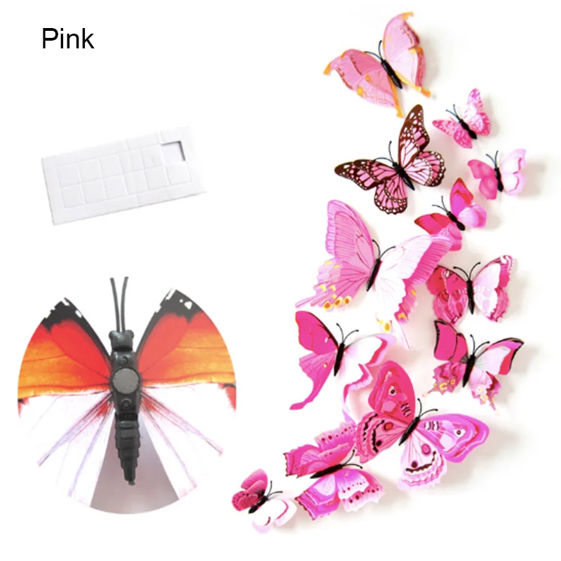 Pink 12 шт./компл. двухслойная 3D Наклейка на стену бабочки на стену домашний декор бабочки для декоративный магнит наклейки на холодильник - Цвет: Pink
