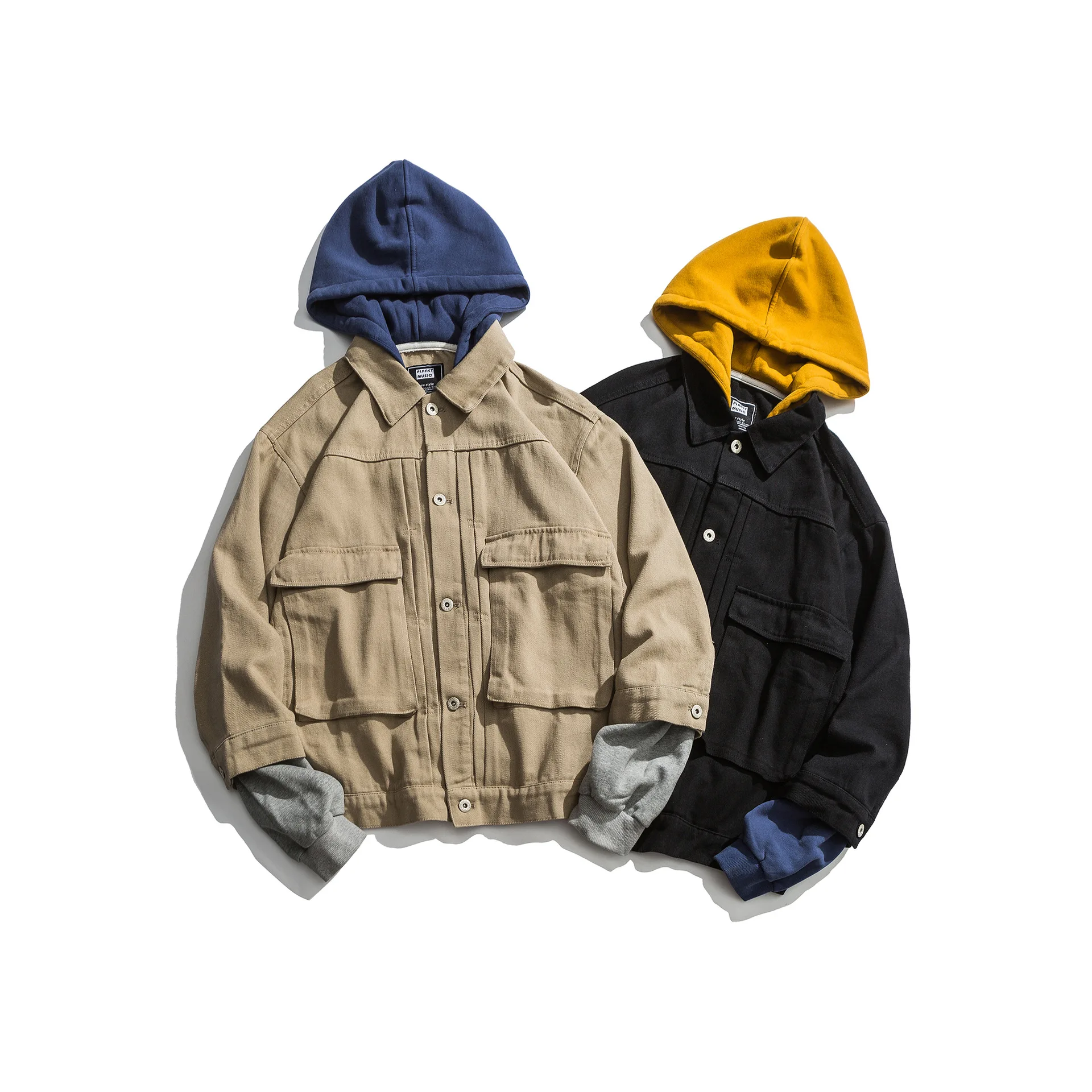 

City Where the Product New Style Autumn And Winter Cotton Washing Joint Mock Two-Piece Coat Jacket Men's Multi-pockets Hooded Au