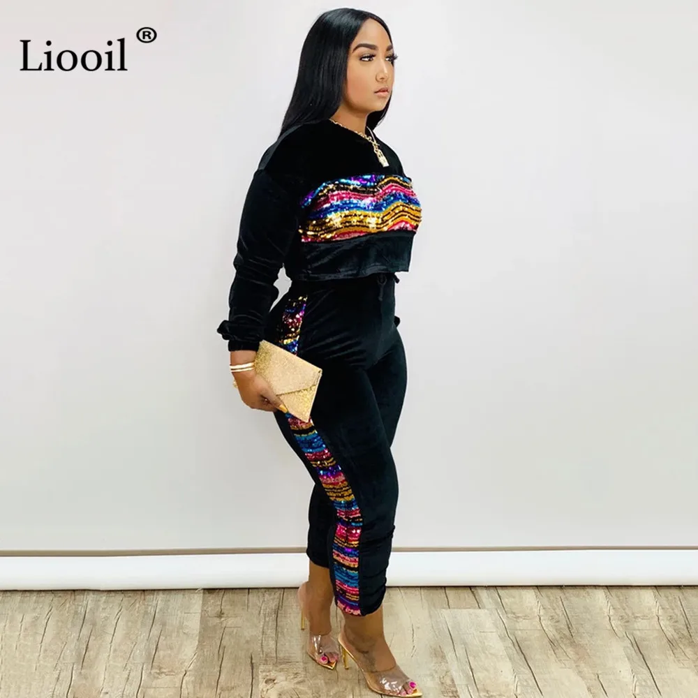 Liooil Бархатный комплект из 2 предметов с блестками, женская одежда, осень, короткий топ с капюшоном и длинными рукавами и брюки-карандаш с карманами, подходящие комплекты