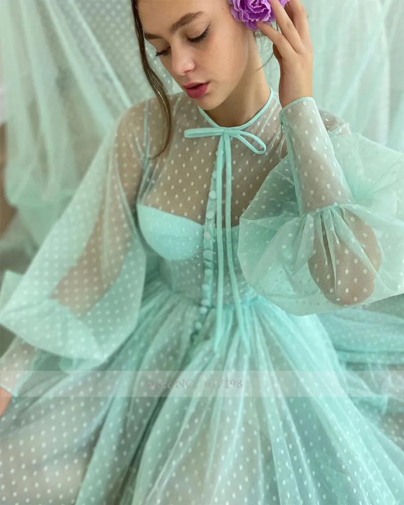 High Neck Long Sleeve Mint Green Tea Length Buttons Prom Dress A-Line Tulle Evening Gowns cute prom dresses