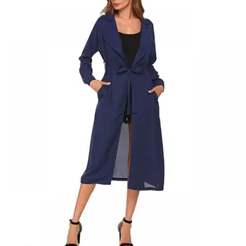 

Chiffon Women Trench Coat Fashion Casual Women Ladies Long Length Trench Sashes Belt Chiffon Solid Slim Ankle-Length Trench