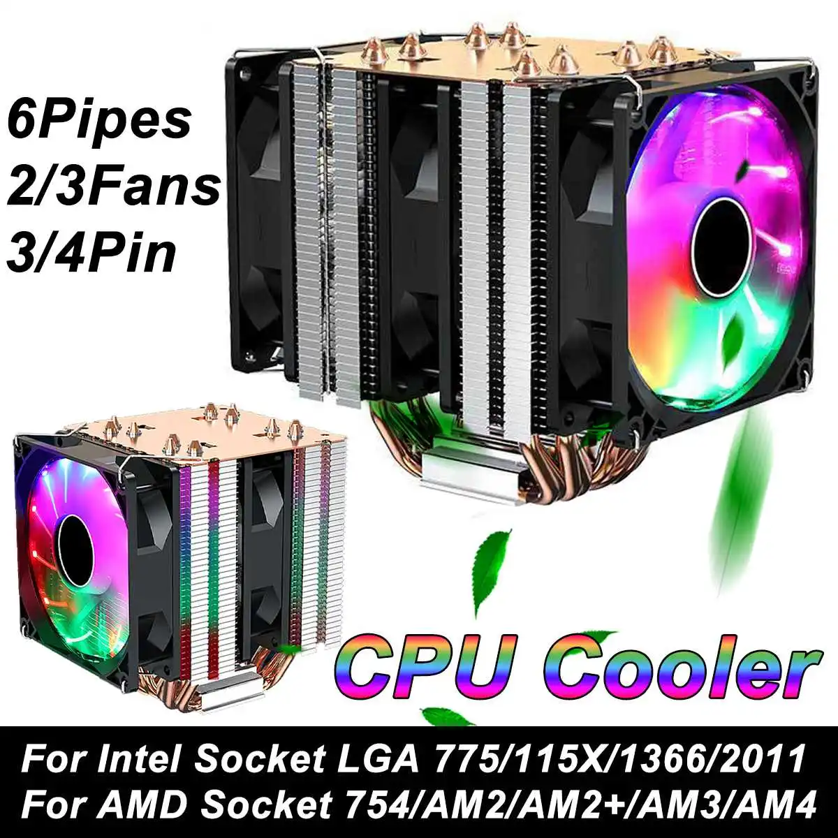 CPU RGB Coolling Fan Heatsink 2/6 Copper Heatpipe 3/4 Pin Cooler For Intel Socket LGA 775/115X/1366/2011/AMD 754/AM2 | Компьютеры и