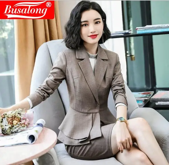 

2019 Autumn Women's Brown suit 2piece set long sleeve Ruffles style business clothes OL women formal plus size Female skirt