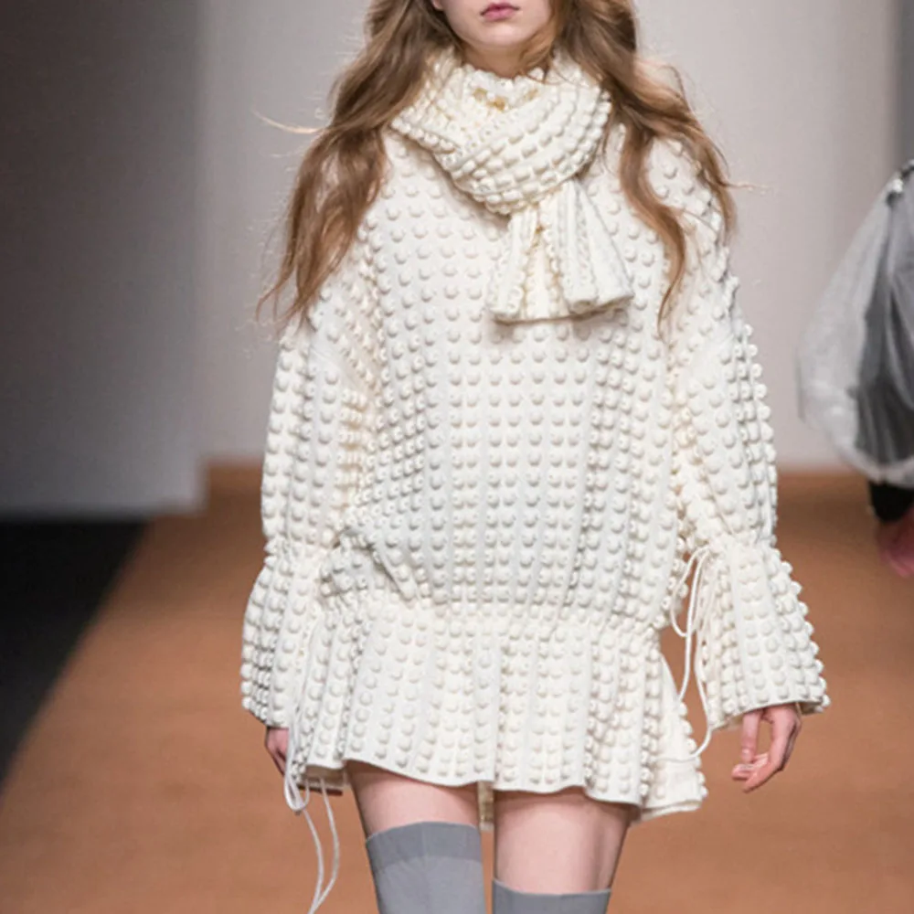 

Sweater Dress Women Autumn Winter Cashmere Knitted Long Sleeve Runway Designer Luxury Ladies Dresses Wool Pullovers 2020 White