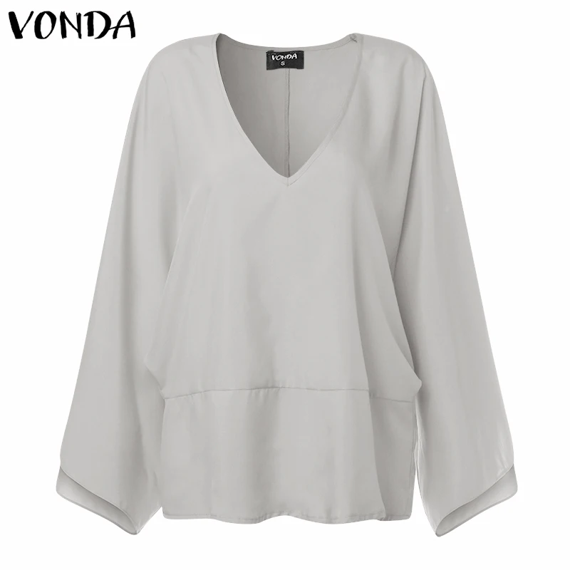 Light Grey VONDA, модная блузка, рубашки для женщин, весна, сексуальный v-образный вырез, длинный рукав, топы, блузка размера плюс, повседневные свободные блузы, OL рубашка, S-5XL - Цвет: Light Grey
