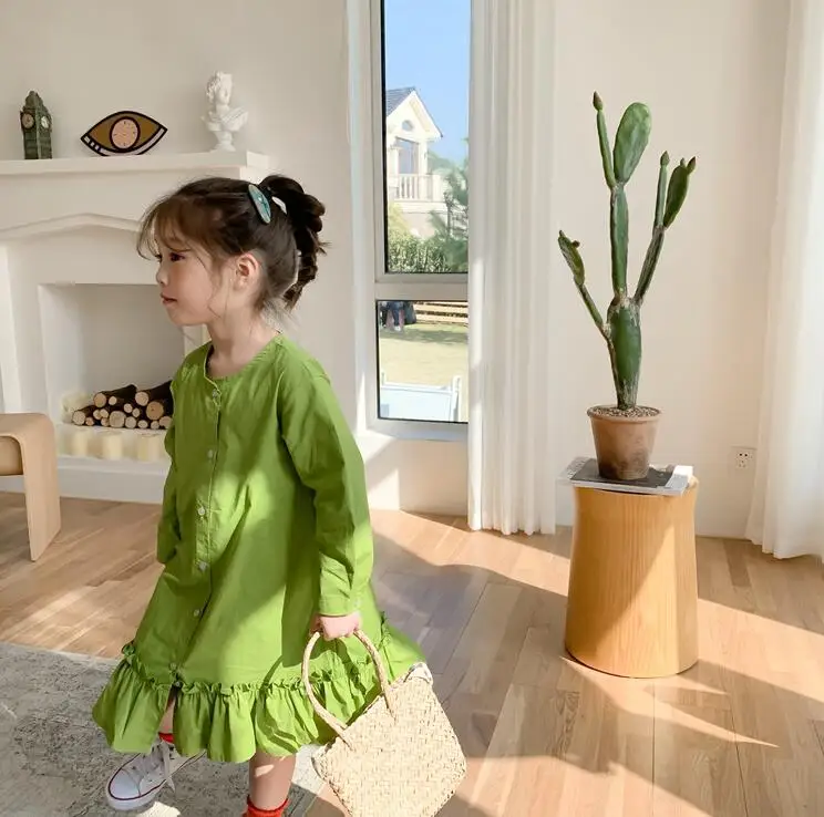 Платье с оборками в Корейском стиле для девочек, весенние хлопковые модные платья для маленьких девочек, детская одежда, От 2 до 7 лет