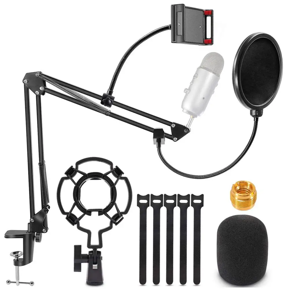 Brazo de soporte para micrófono, para Yeti Samson azul Bm 800, soporte para micrófono con filtro Pop, montaje de choque y abrazadera del soporte del teléfono