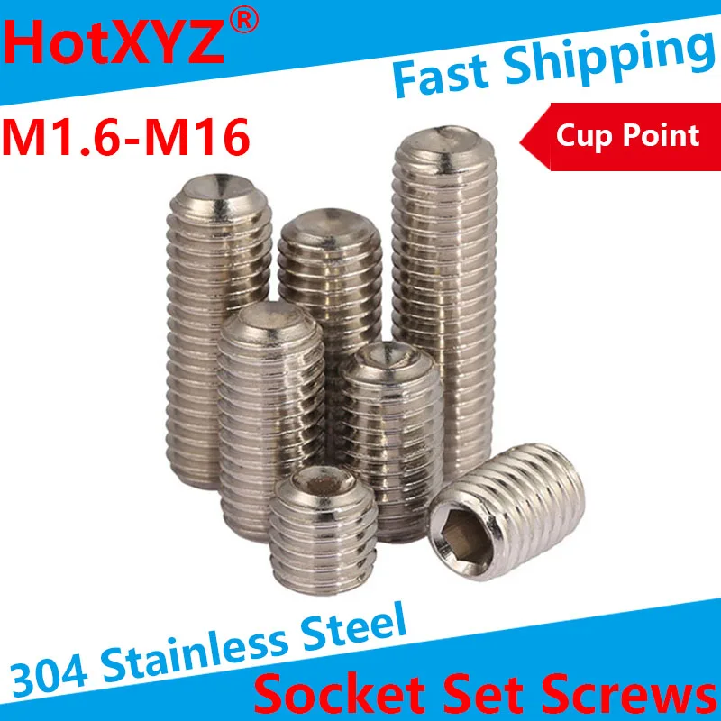 HotXYZ 304 Stainless Steel Internal Hex Socket Drive Cup Point Set Screws M1.6 M2 M3 M4 M6 M8 M10 M12 M16 Concave End Grub Bolts |