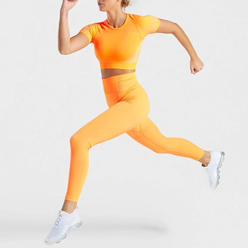 2 шт., ультра бесшовный комплект для йоги, для женщин, для тренировок, для спортзала, укороченный топ, высокая талия, бесшовные леггинсы, для фитнеса, для спортзала, одежда, спортивный костюм - Цвет: orange suit
