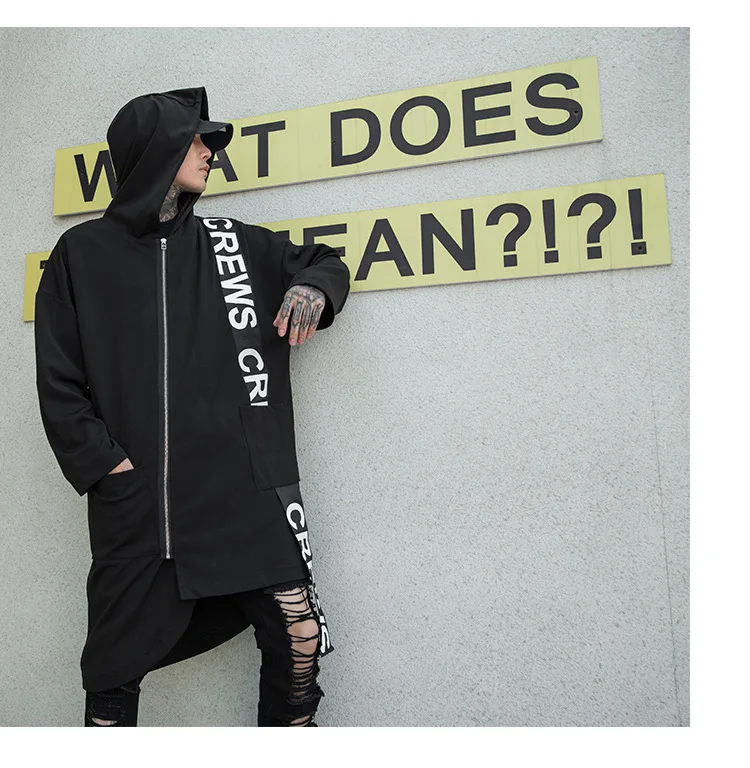 Мужской длинный Тренч в стиле панк, готика, металлическая цепь лента, куртка с капюшоном, Мужская Уличная, хип-хоп, свободная ветровка, верхняя одежда, шаль