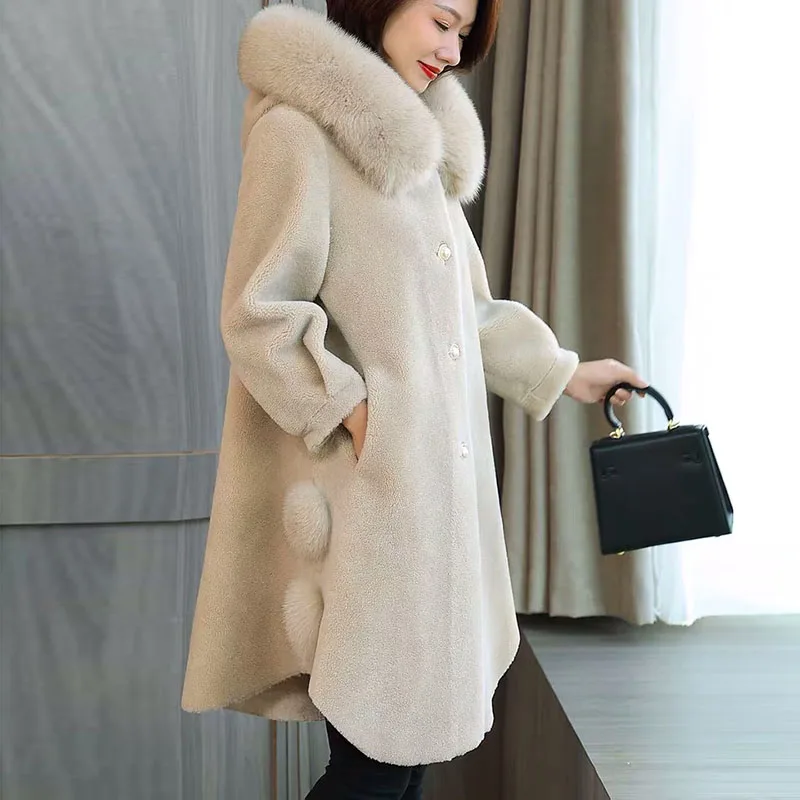 

2019 New Fashion Fur Female Granule Sheep Sheared Fur Coat Long Section Imitation Fox Fur Hooded Coat Composite Fur High Quality