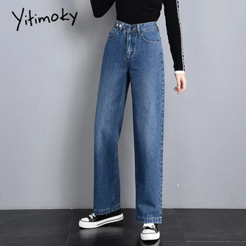 

Wide leg denim pants plus size women loose female jeans street style straight jeans blue black high waist jeans 2 buttons waist