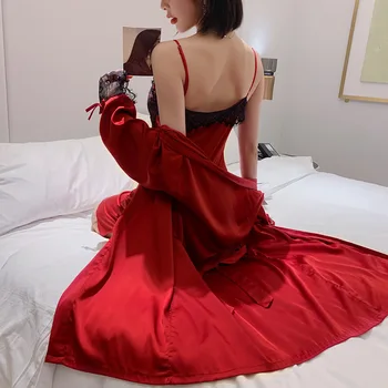 

Stain Women Summer Sleep Wear Nice Lace Casual Dress Soft Blue Elegant Robe Nightwear Homewear Pink Nightgown Sleepwear Spring