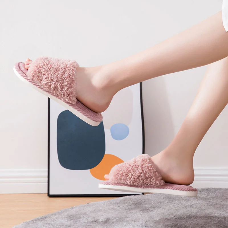 

2020 nian Female Autumn & Winter Couples Cotton Slippers Plush Home Interior Floor Slippers Anti-slip Warm kai kou xie Wholesale