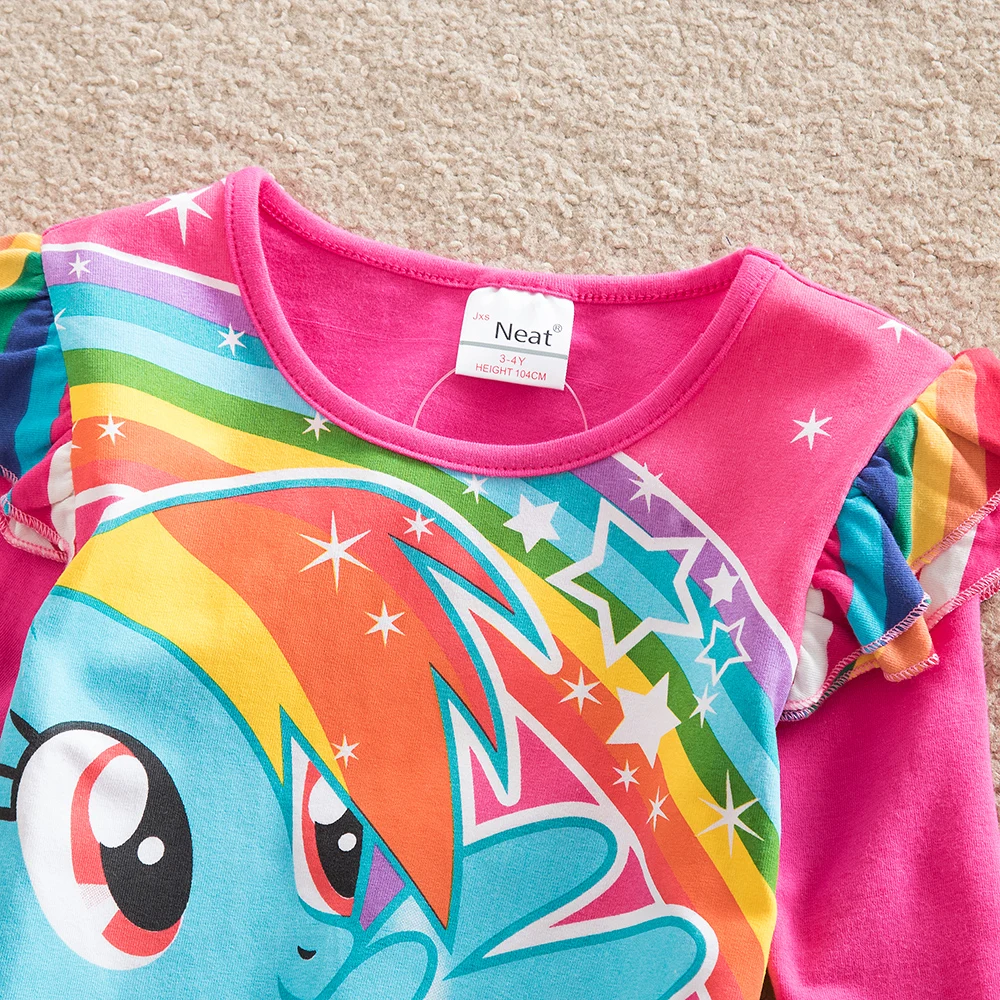 JUXINSU My Baby Girls Little Pony Cartoon Girl Rainbow Long Sleeve Dresses Pony Casual Dress Autumn Winter Home Wear 1-8 Years