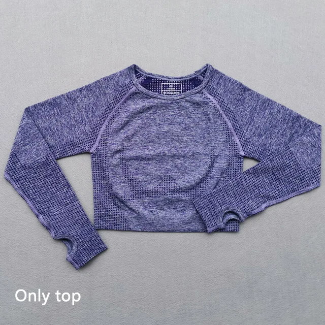 Purple top Женский бесшовный комплект для йоги, тренировочная одежда для спортзала, укороченный Топ с длинным рукавом+ Бесшовные Леггинсы с высокой талией, спортивный костюм из 2 предметов - Цвет: Purple top