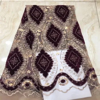 

Purple African Velvet Lace Fabric High Quality French Embroidery Lace Fabric With Stones For Nigerian Party Dress