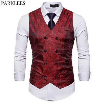 Chaleco de Cachemira roja para Hombre, vestido de doble botonadura, entallado, Formal, de negocios, sin mangas, Chaleco para Hombre 2XL, 2020