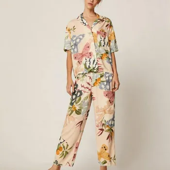 

Cotton Pajamas for Women Clothing 2020 Spring Summer Printing Underwear TShort Sleeve Cardigan Pyjamas Long Wide Leg Pants