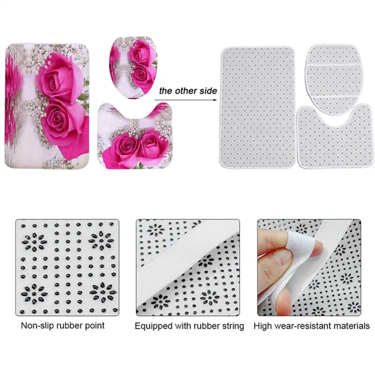 Xueqin Pink Rose Printed Pattern 180x180cm Shower Curtain Pedestal Rug Lid Toilet Cover Mat Non-slip Bath Mat Set Bathroom