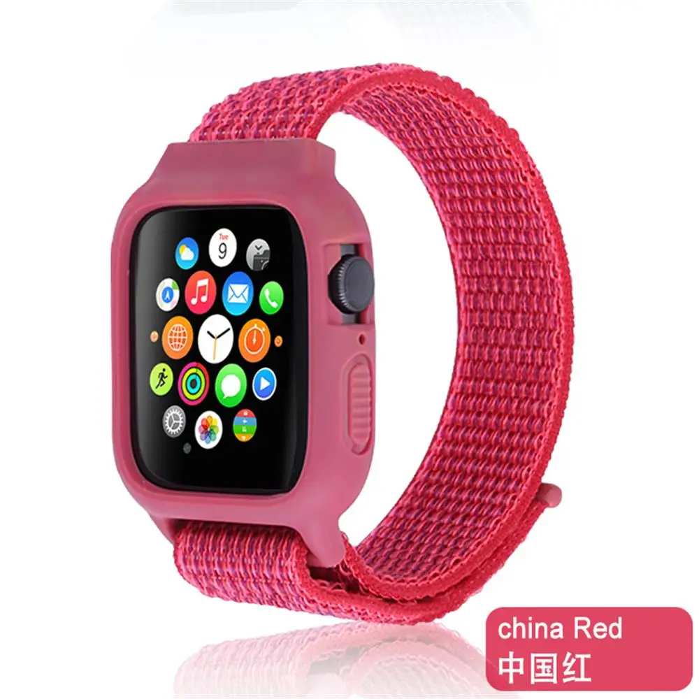 China Red Чехол+ ремешок для часов apple watch band iwatch 5 4 3 pulseira correa apple watch 42 мм 44 мм 38 мм 40 мм нейлоновый браслет+ силиконовый чехол - Цвет ремешка: China Red