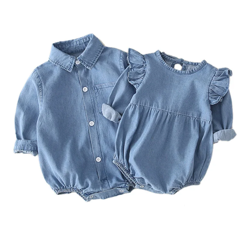 Осенняя одежда для малышей Комбинезоны для маленьких девочек Милая джинсовая одежда для новорожденных девочек, Детский комбинезон для детей от 0 до 24 месяцев