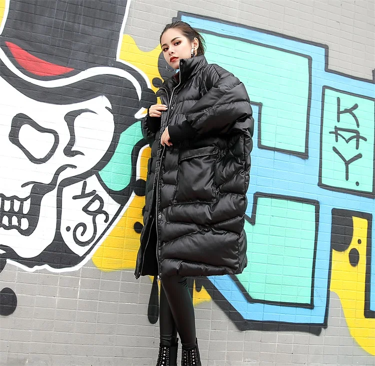 Women Black Winter Jacket New Bat Sleeve Loose Long Section Down Cotton Padded Street Style Fashion Coat Plus Size
