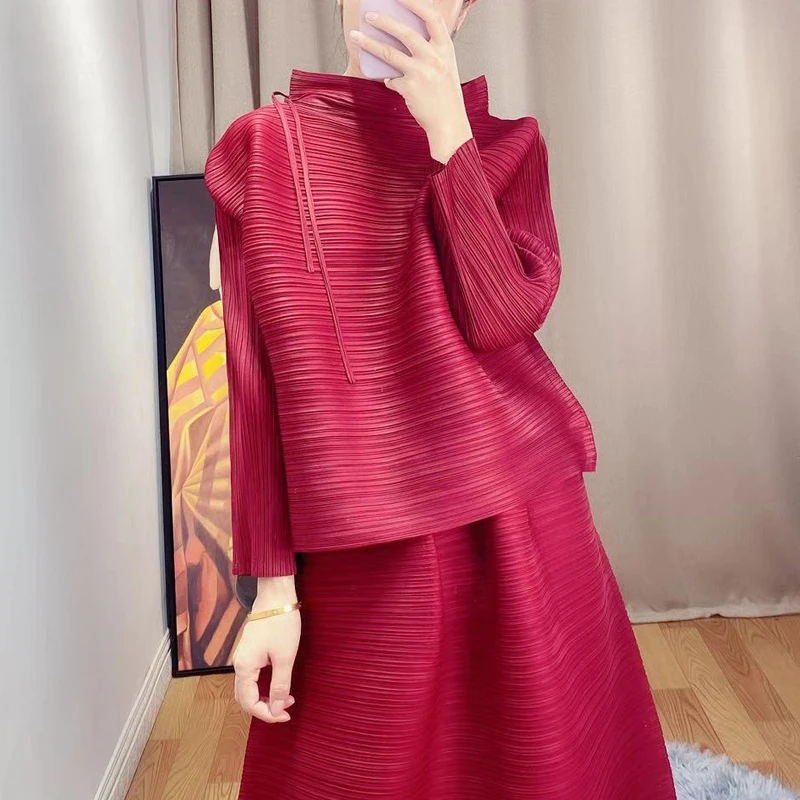 

Changpleat spring New Solid Women T-shirts Tops Miyak Pleated Fashion loose stand collar long sleeve Large Size Female T-shirt