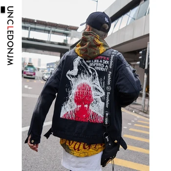 

UNCLEDONJM Denim Jackets Men High Street Wolf Print Jeans Jacket Coat Mens Hip Hop Hole Destroyed Jeans Jackets Streetwear B19