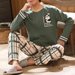 Cotton Long Sleeve Pajamas Set For Men Cute Green Cartoon Male Sleepwear Spring Warm Casual Home Clothes Lattice Pants Pijamas