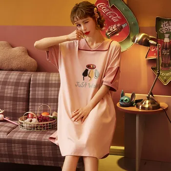 

Thin section summer women's cartoon cute printing comfortable nightdress sweet O-neck short sleeve student nightdress 2-XL